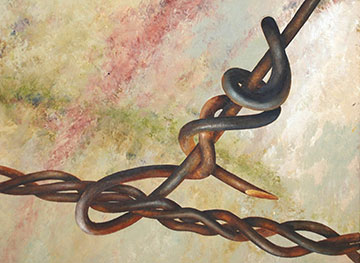 Painting by Jakob Kopp: knotted, rusty barbed wire in front of a colourful wall – the wire continues beyond the picture